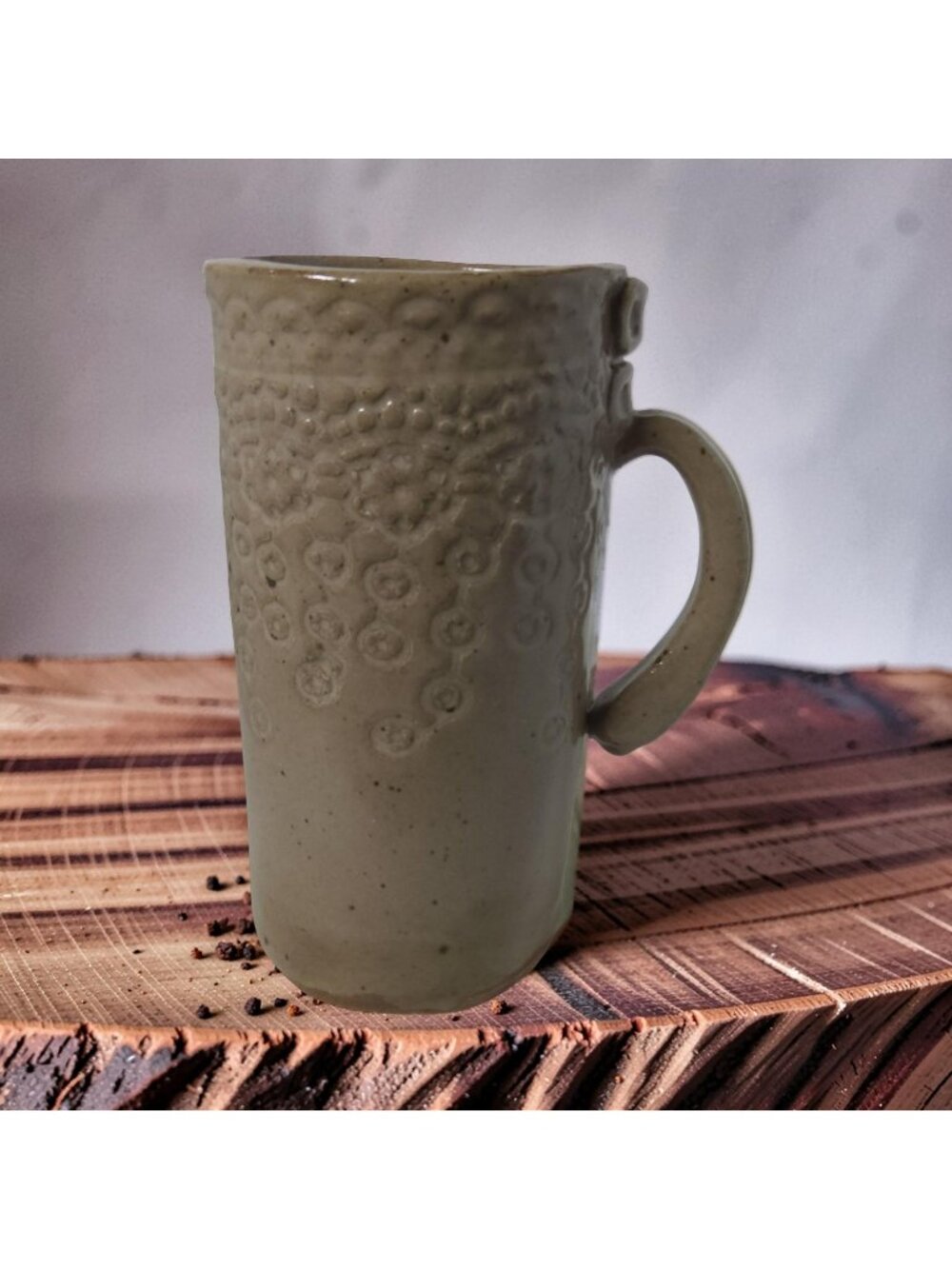 Unique Handmade Boho Slab Built studio art pottery mug with textured floral desi